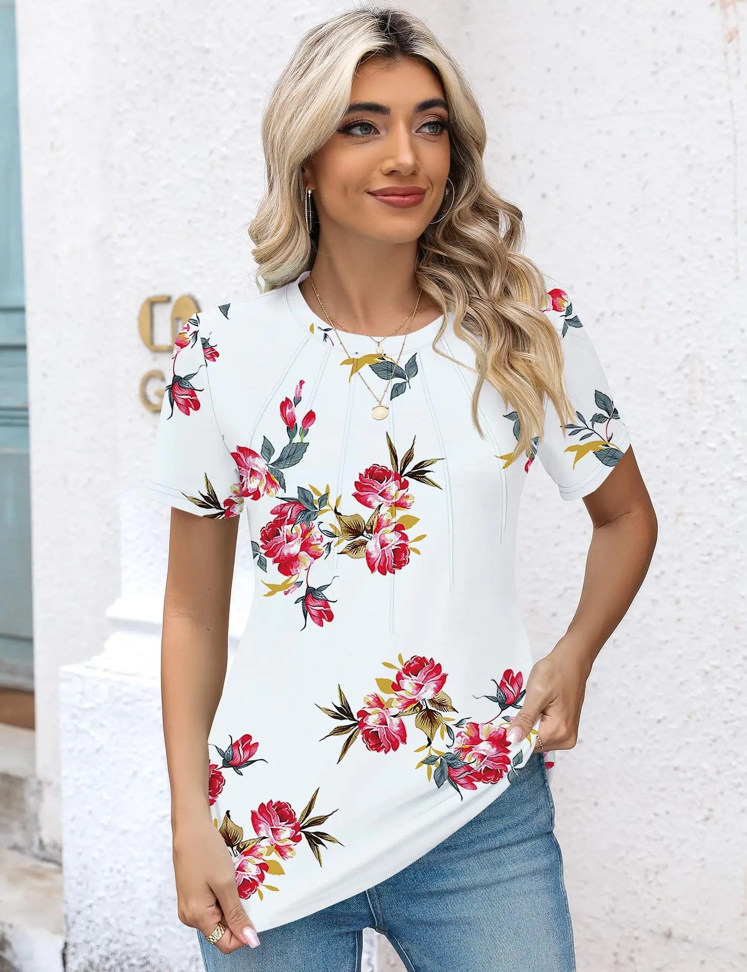 Women's Clothing European American T-shirt Tops Tees spring summer women's round neck pleated short sleeved solid color T-Shirts