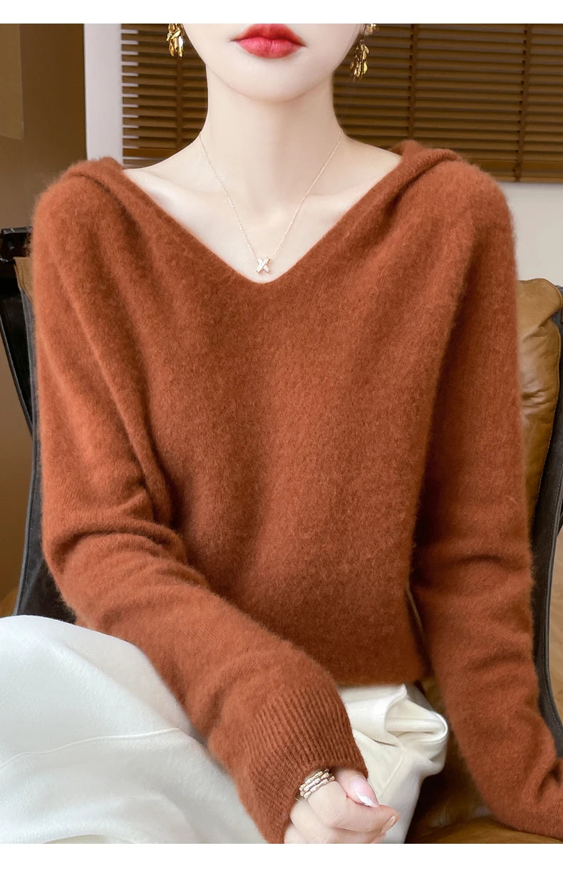 Women Autumn Winter Clothing Hooded Collar Pullover 100% Merino Wool Sweater New Fashion Cashmere Tops Bottoming Knitwear Soft