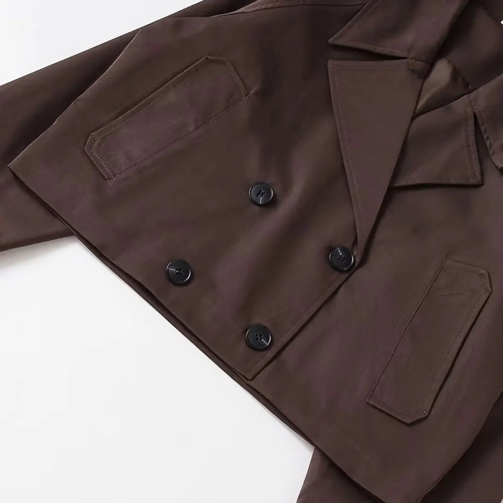 Women's Double-breasted Short Trench Coat Fashion Chic Outerwear with Pockets Long Sleeve Female Top