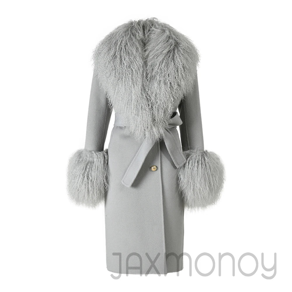 Women Cashmere Wool Coat With Real Mongolian Sheep Fur Collar  Ladies Autumn Winter Fashion Long Outwear Full Sleeve Fur Jacket