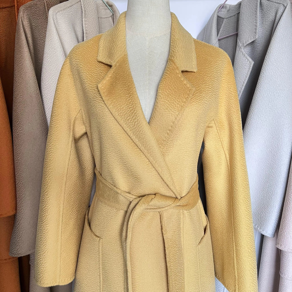 Cashmere Coat Female Winter Mid-Length Corrugated Coat Black Wool Coat Woman Autumn New Casual Fashion Red Beige Lace-Up Coat