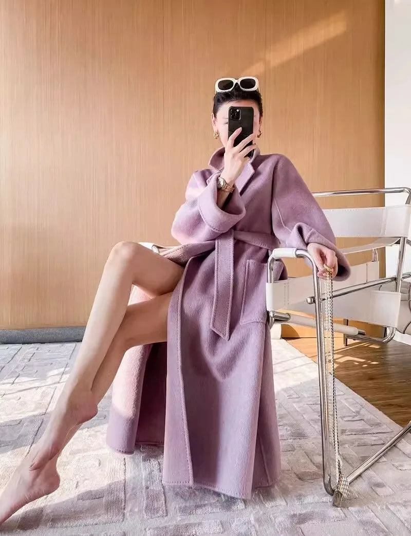 Purple Double-Sided Cashmere Coat For Women In Autumn And Winter, Fashionable And High-End, Loose And Medium Length Coat