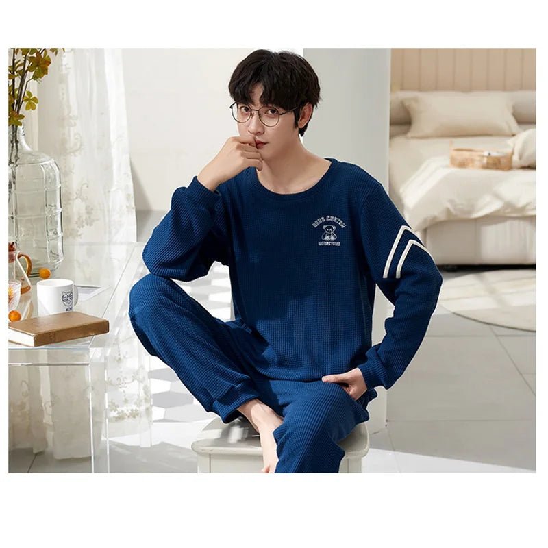 Men's Clothes Fall and Winter Pajamas Cotton Waffle Fashion Solid Color Comfortable Elastic Loungewear Homewear Youth Sleepwear