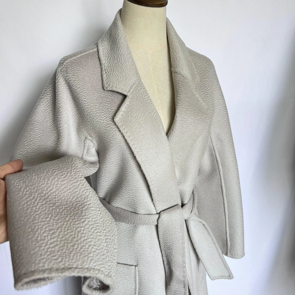 Cashmere Coat Female Winter Mid-Length Corrugated Coat Black Wool Coat Woman Autumn New Casual Fashion Red Beige Lace-Up Coat