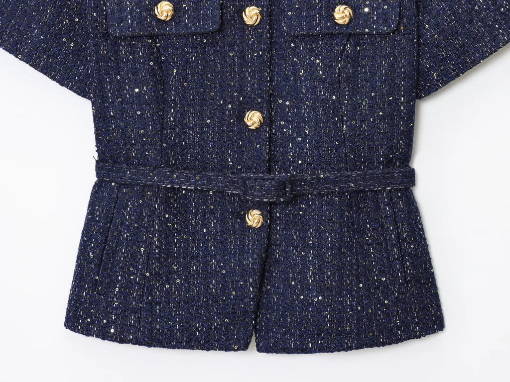 2025 Autumn New Women's Fashion Chic with Belt, Gold Button Decoration Round Neck Short Sleeve Blended Coat