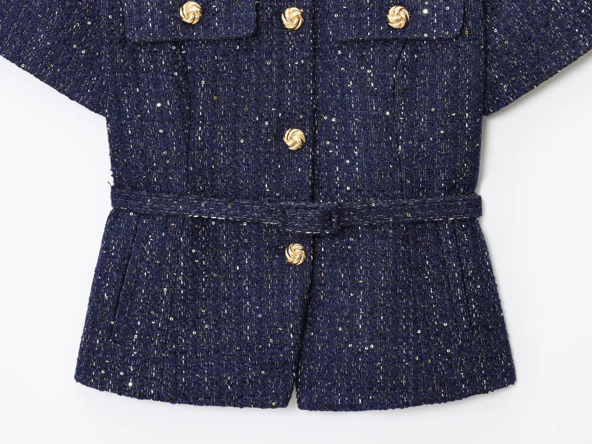 2025 Autumn New Women's Fashion Chic with Belt, Gold Button Decoration Round Neck Short Sleeve Blended Coat