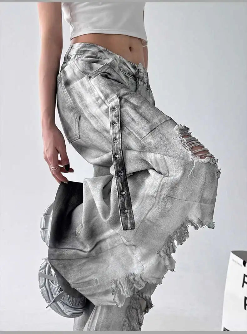 Women Jeans Pants American High Street Ripped Straight Wide-Leg Jeans For Women Design Tie-Dye Jazz Dance Cargo Full Thin Jeans