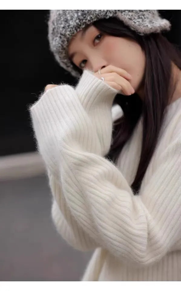 100% Cashmere sweater for women's autumn and winter loose and soft sweater wool knitted sweater round neck base layer