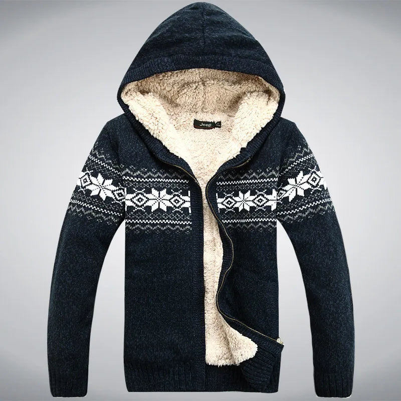 Wool Man Sweater Hooded Winter Cardigan  Winter Thicken Fleece  Overcoat Casual New Fashion Cotton Red Mens Winter Jacket