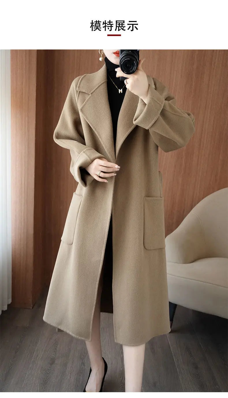 2024 Women's Wear 100% Wool Coat Autumn/Winter Fashion Temperament Double sided Cashmere Coats with Belt Elegant Long Overcoat