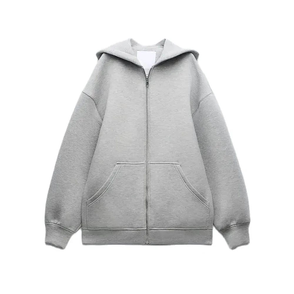 Women's Fashion Warm Hooded Jacket Fall and Winter Gray Long Sleeve Pocket Zipper Jacket Commuter Casual Women Jacket