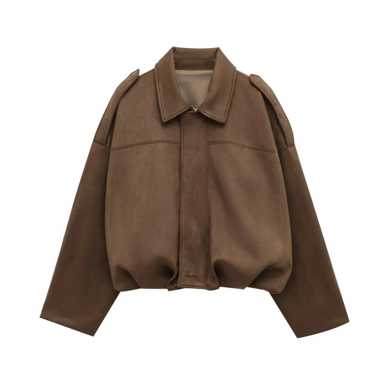Unique Design Suede Jacket Women's Long Sleeve Waist Cinched Cuffed Flip Collar Pilot Style Fashionable Versatile Outerwear