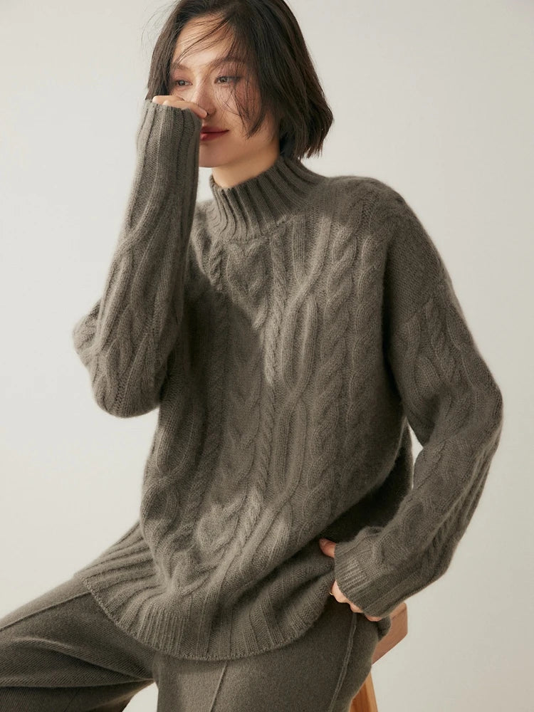 Women 100% Cashmere Sweater Mock Neck Pullover Cable Knitting Vintage Loose Style Thickened Cashmere Knitwear Autumn Winter Tops