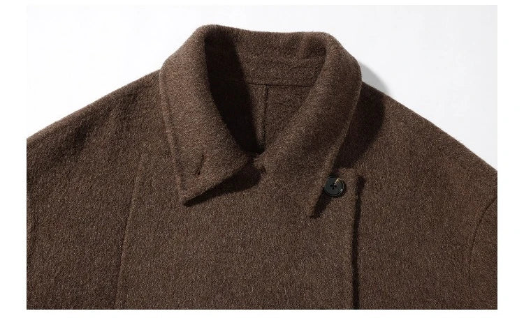 Women Elegant Wool-Like Winter Short Coat Brown Belted Jacket Warm Casual Outerwear for Lady with High Neck and Waist Tie Design