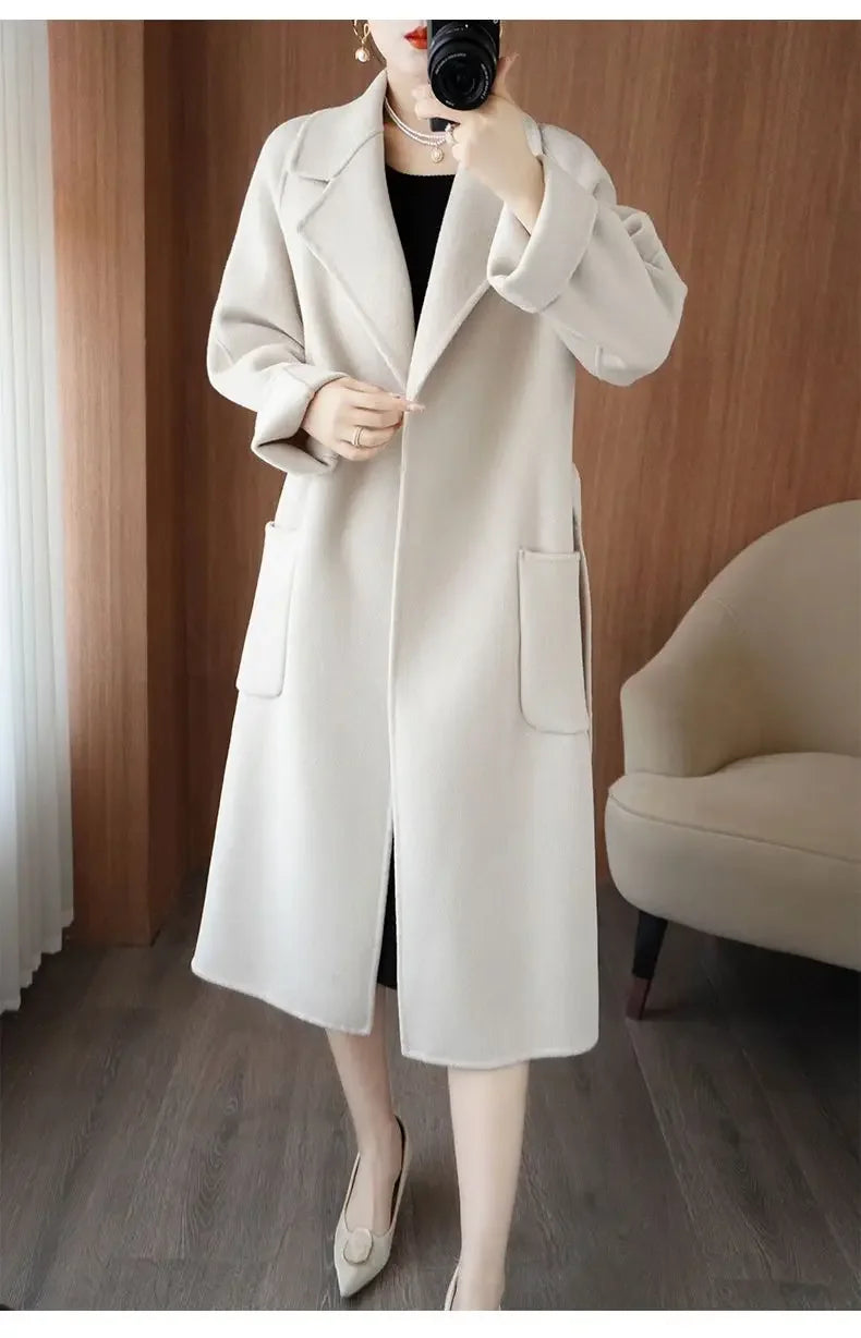 100% Wool Coat Women's Wear 2025 Autumn/Winter Fashion Temperament Double sided Cashmere Coats with Belt Elegant Long Overcoat