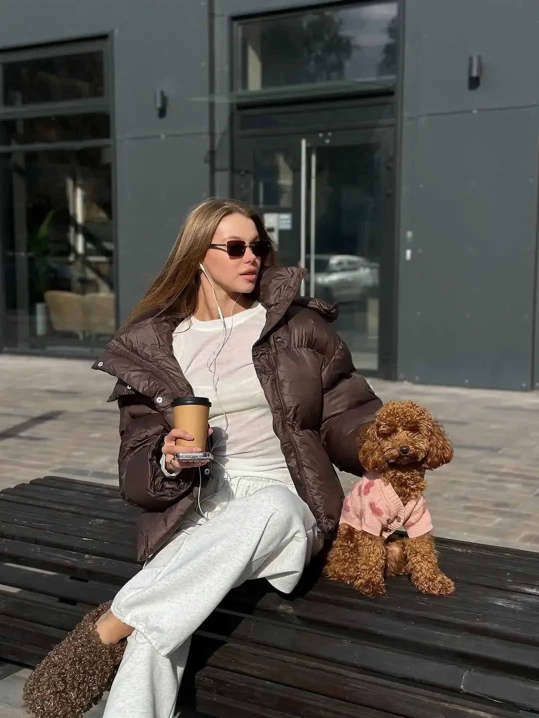 Women Brown Hooded Cotton Coat Fashion Lapel Full Sleeve Zipper Button Warm Loose Short Coats Lady Winter Casual Street Outwear