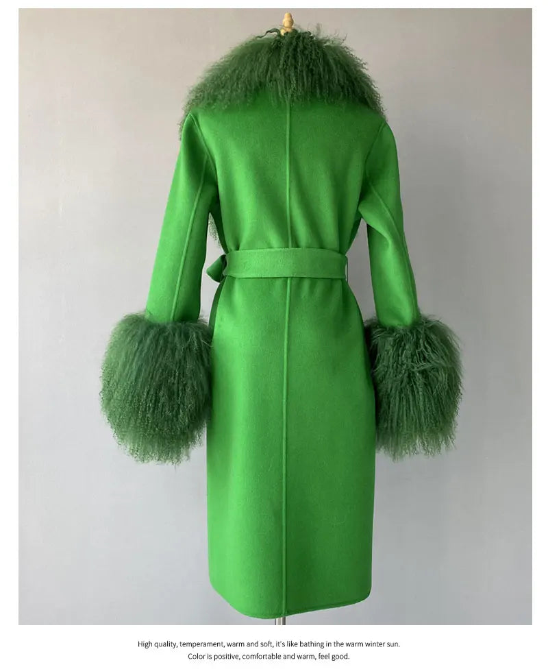 Women Cashmere Wool Coat With Real Mongolian Sheep Fur Collar  Ladies Autumn Winter Fashion Long Outwear Full Sleeve Fur Jacket