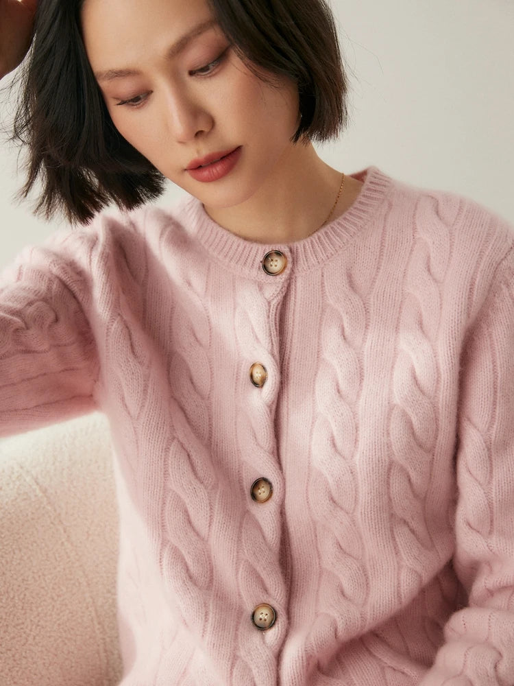 Luxury Women 100% Cashmere Sweater O-neck Cardigan Cable Knitting Thick Sweater Coat Autumn Winter Heavyweight Cashmere Clothes