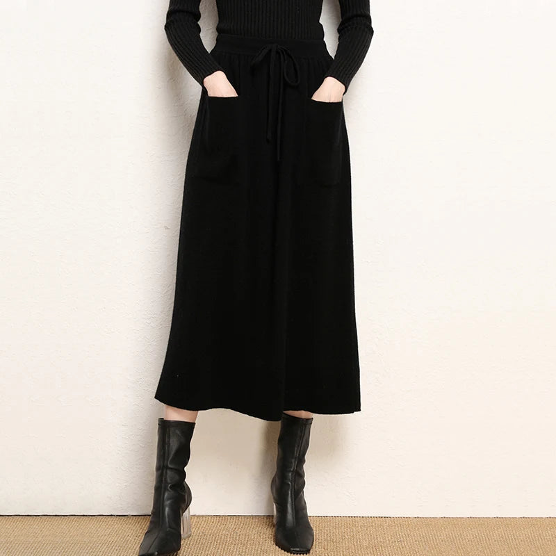 Cashmere Skirt Knitted Skirt Half Skirt, Double Pocket A-Line Skirt Skirts Plus Size Women Long Elegant Dress Women Clothing
