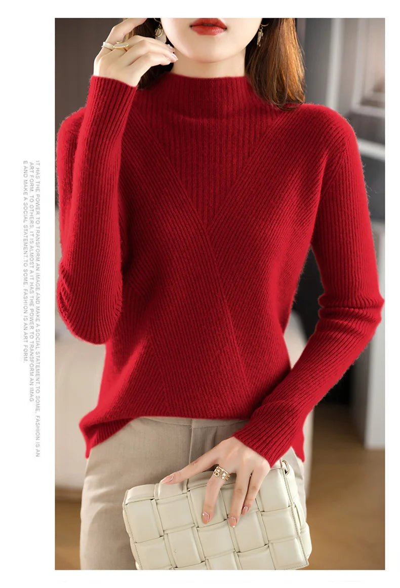 Cashmere Sweater Women Pure Color Half high collar Casual Long-sleeved Loose Pullover Cashmere Sweater Women's