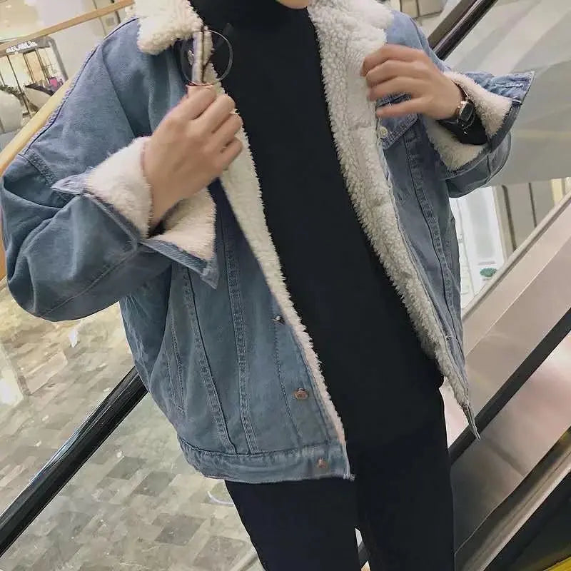 Winter Lamb Wool Denim Jacket for Men Korean Version Trendy Versatile Velvet and Thickened Cotton Men's Jacket Handsome Coat