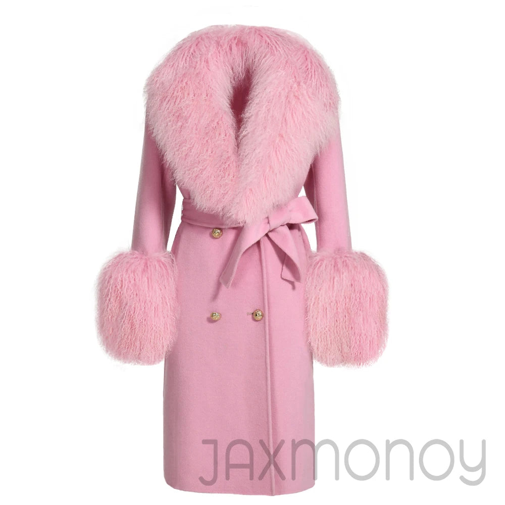 Women Cashmere Wool Coat With Real Mongolian Sheep Fur Collar  Ladies Autumn Winter Fashion Long Outwear Full Sleeve Fur Jacket