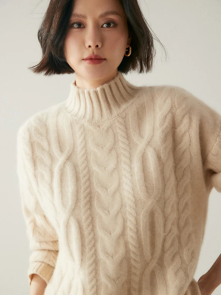 Women 100% Cashmere Sweater Mock Neck Pullover Cable Knitting Vintage Loose Style Thickened Cashmere Knitwear Autumn Winter Tops