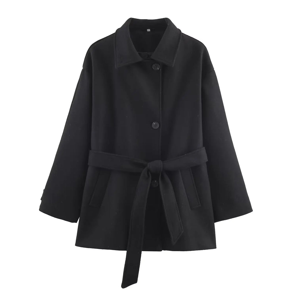 Women Wool Coat With Belt Autumn Winter Female Laple Long Sleeve Single-Breasted Outwear Coat Lady Loose Jackets