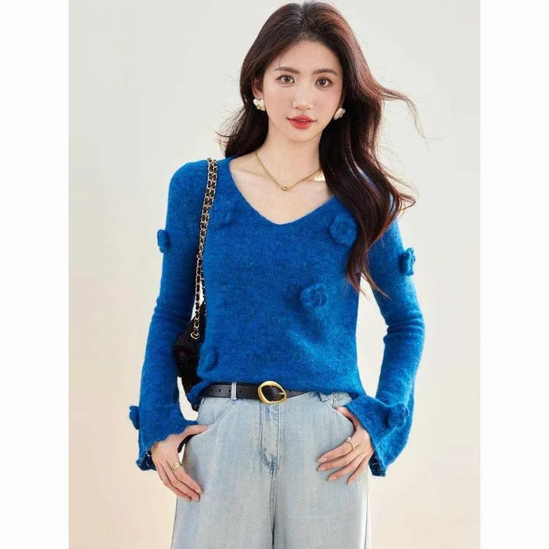Women Clothes Spring Autumn Fashion Korean Solid Color V-neck Knitting Femme All-match Appear Thin Pullovers Soft Knitwear Tops