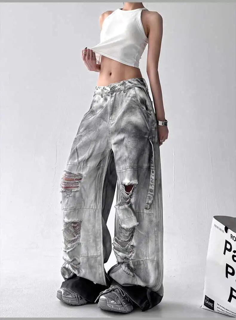 Women Jeans Pants American High Street Ripped Straight Wide-Leg Jeans For Women Design Tie-Dye Jazz Dance Cargo Full Thin Jeans