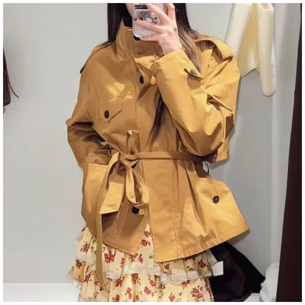 Women Fashion Cinched Waist Short Workwear Jacket Stand Collar Belted Trendy And Versatile Trench Coat Casual Stylish Streetwear