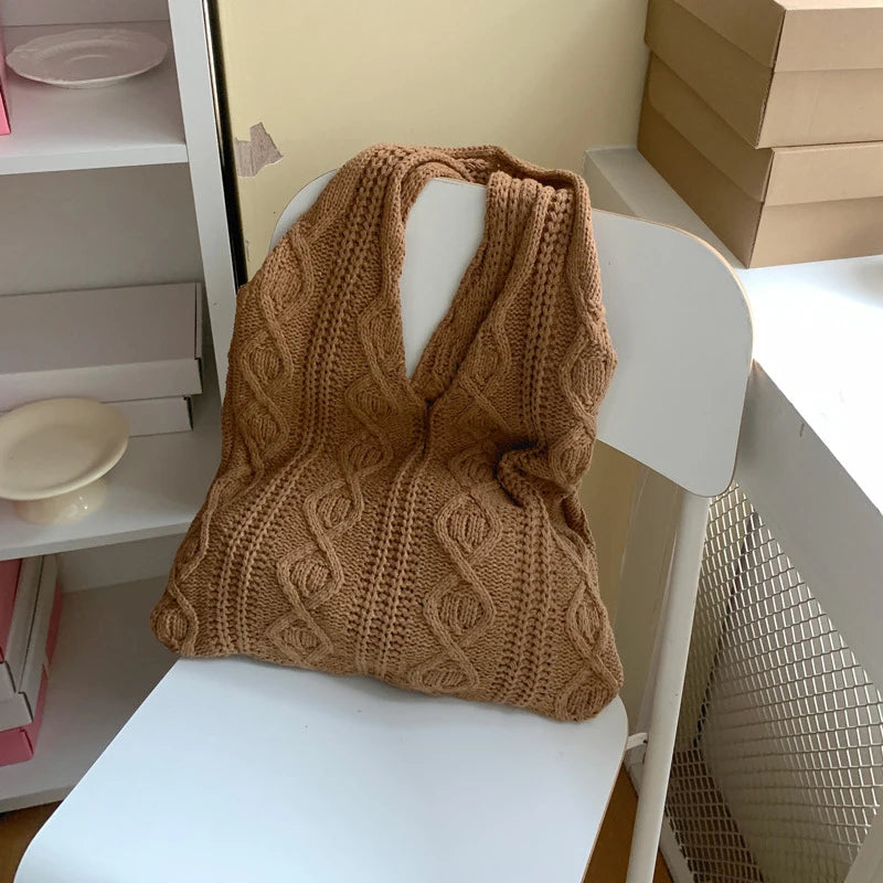 Wool Knitted Shoulder Shopping Bag for Women Vintage Cotton Cloth Girls Tote Shopper Bag Large Female Handbag Crochet Bag