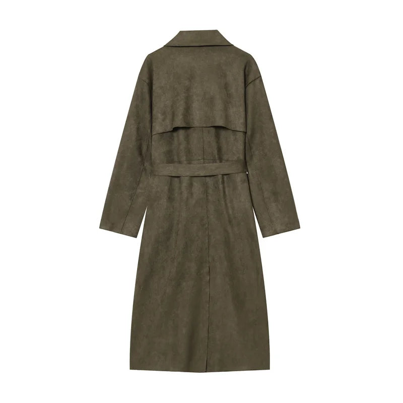 Women's Trench Coat 2025 Autumn New Style Military Green Long Sleeve Suede Effect with Belted Decoration Long Coat Stylish
