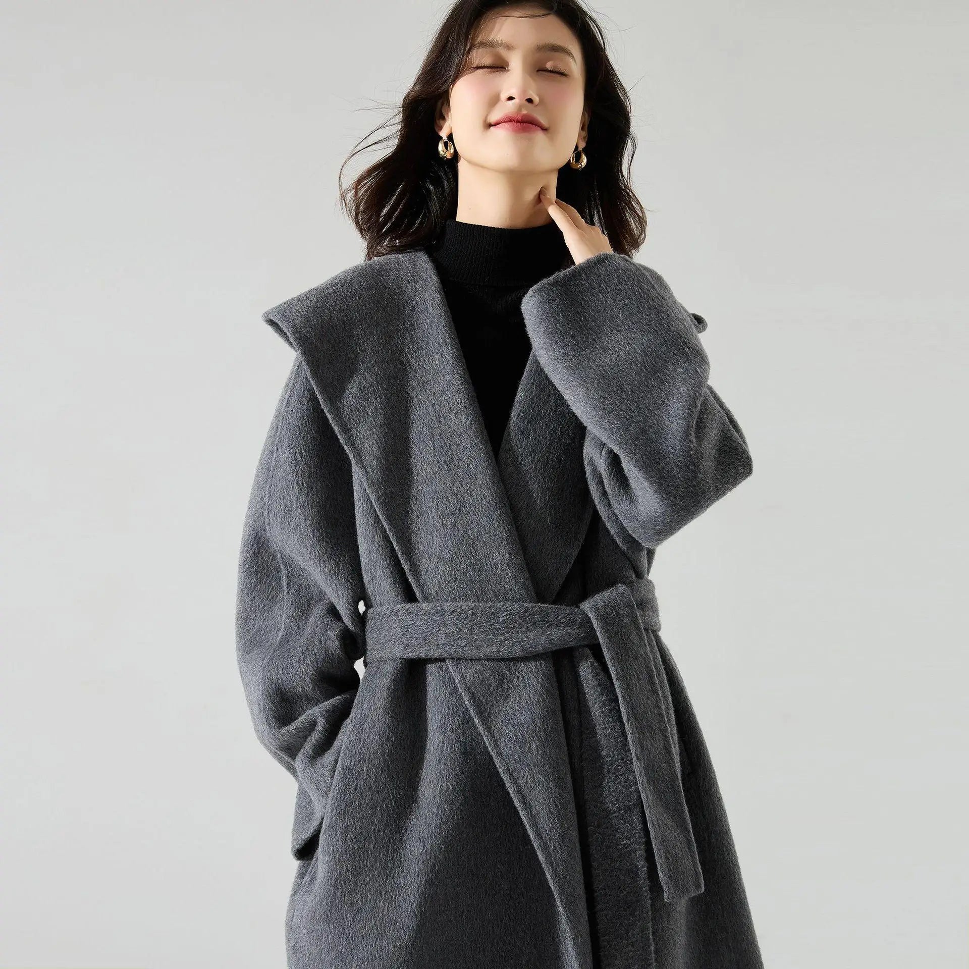 Office Lady Cashmere Woolen Jackets 2024 Autumn And Winter High-Grade Hooded Bathrobe Style Loose Lace-Up Long Women Wool Coats