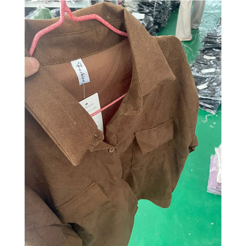 Autumn Casual Button Outwear Top with Pockets Retro Versatile Turndown Collar Long Sleeved Jacket for Women Street Loose Coat