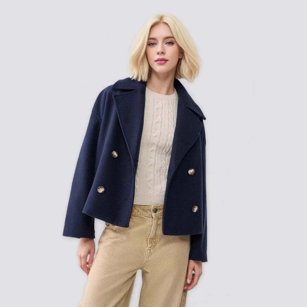 Women Wool Coats Elegant Short Coat Double Breasted Long Sleeve Jackets Blends Solid Casual Pockets Jacket Office Lady Autumn