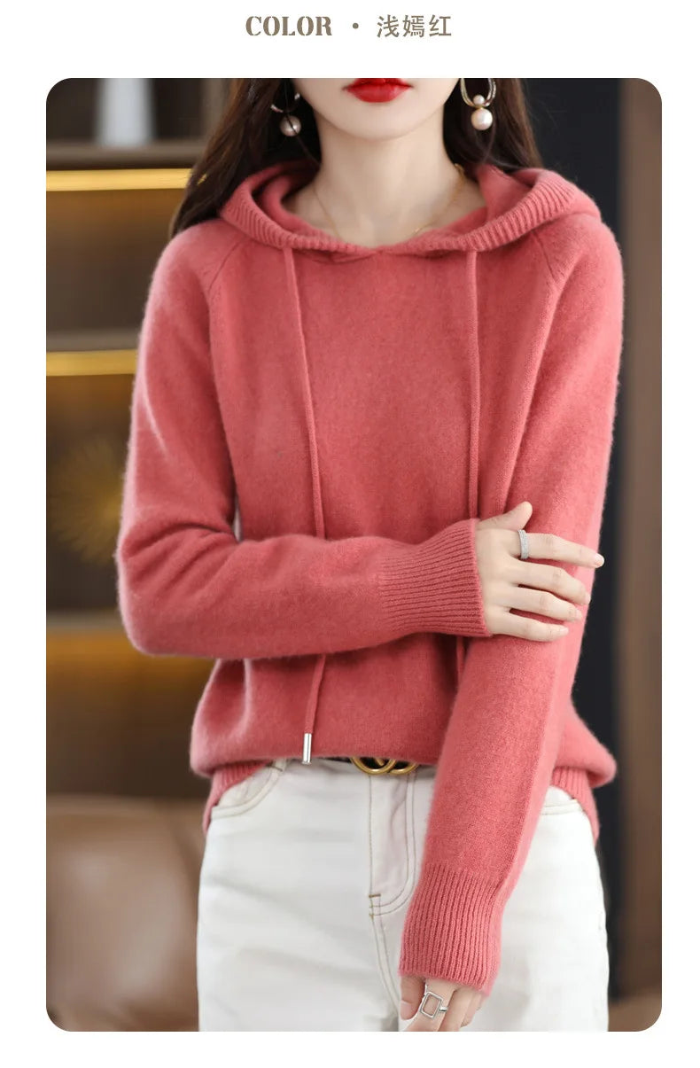 Cashmere Hooded Sweater Women Autumn Winter Long Sleeve Solid Color Knitted Hoodies Lady Loose Drawstring Casual Pullover Hoodie