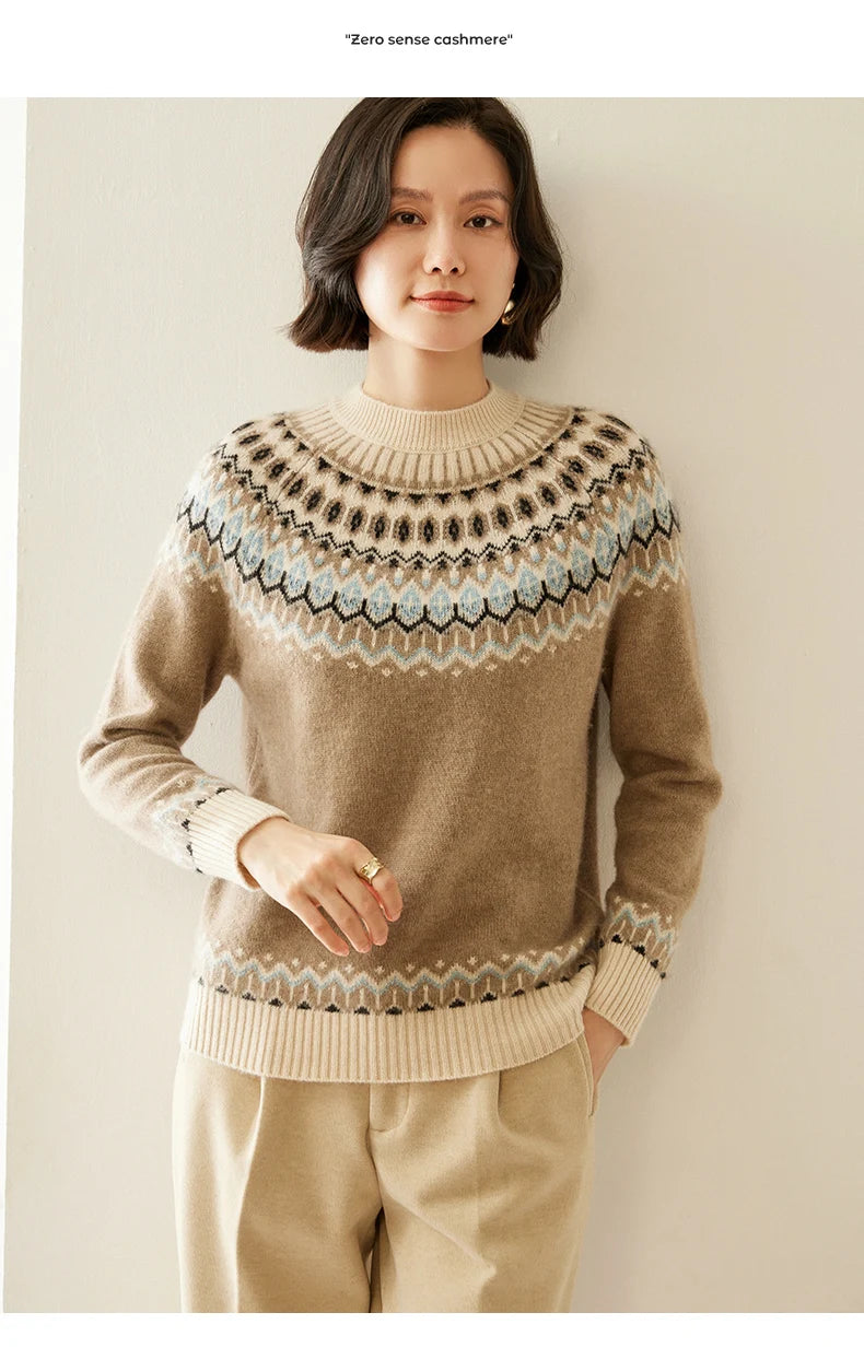 Autumn And Winter New Cashmere Sweater Fashion Women's Retro Round Neck Jacquard Cashmere Knitted Bottoming Shirt With Sweater