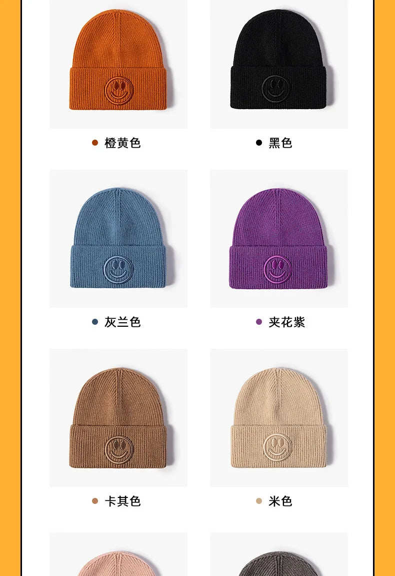 Wool hat female Korean versioncartoonsmiley face embroidered knittedautumn andwintermen'soutdoorwarm thickened brimless cold hat