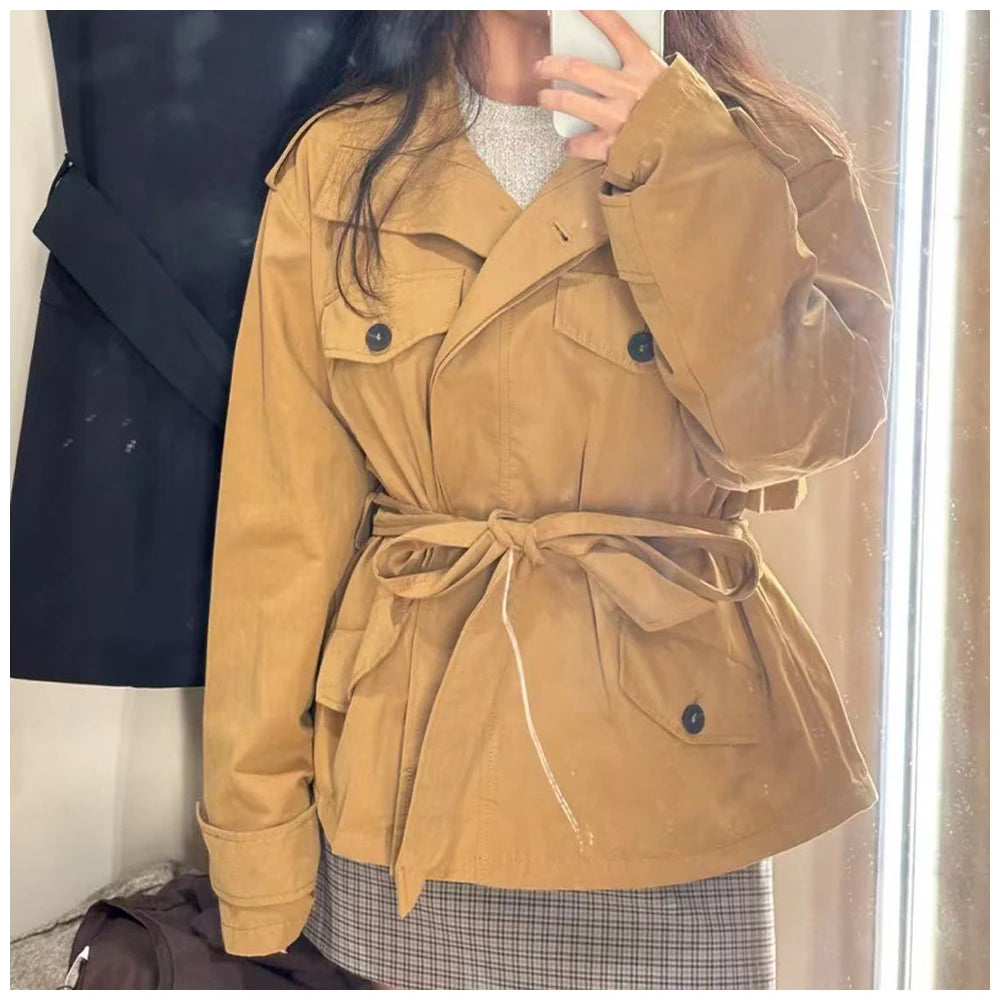 Women Fashion Cinched Waist Short Workwear Jacket Stand Collar Belted Trendy And Versatile Trench Coat Casual Stylish Streetwear