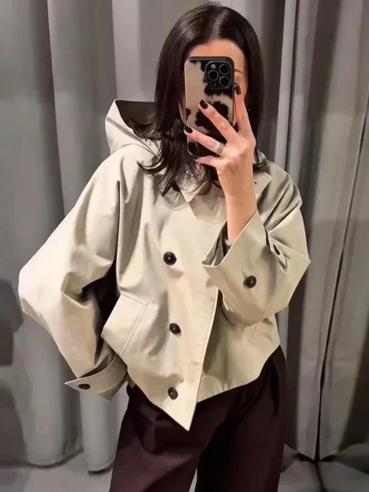 Women Casual Loose Solid Hooded trench coat 2025 Autumn Women Lapel Single Breasted Jacket Windbreaker Female Outwear