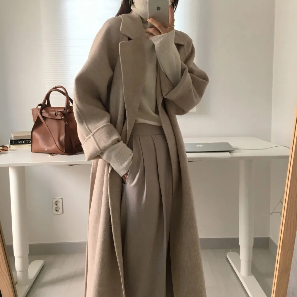 Elegant Woolen Coat Women's 2025 Autumn Winter Mid Length Adjustable Waist Thick Casual Long Sleeve Fashion Wool Coats Female