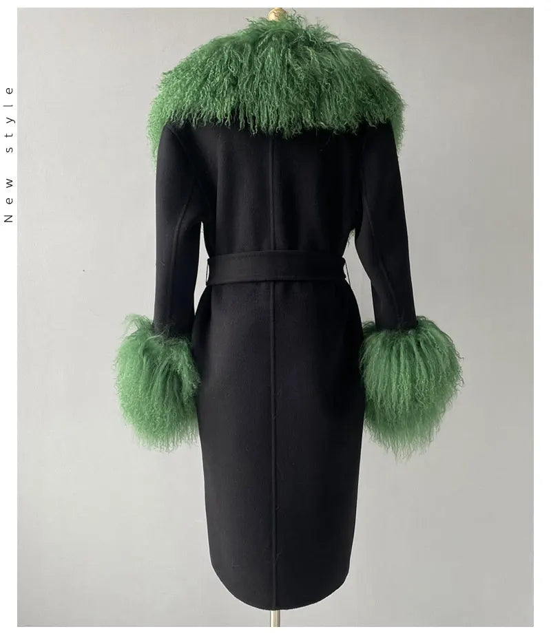 Women Cashmere Wool Coat With Real Mongolian Sheep Fur Collar  Ladies Autumn Winter Fashion Long Outwear Full Sleeve Fur Jacket