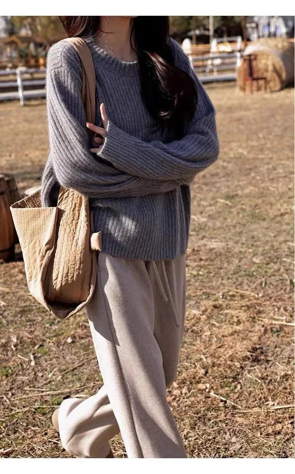 100% Cashmere sweater for women's autumn and winter loose and soft sweater wool knitted sweater round neck base layer