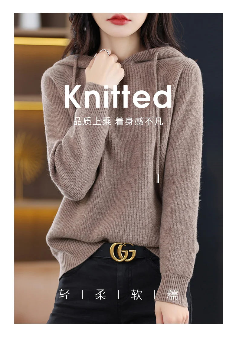 2023 New Cashmere hooded sweater Women Long Sleeve Autumn and Winter Knit hooded Pullover Solid Color Cashmere Base