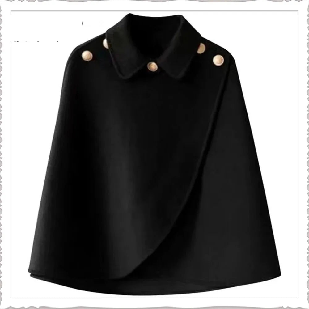Fashion Woolen Shawl Coat For Women 2025 Autumn Winter New Woolen Jacket Short Outerwear Cape Red Black Coat Tops Female