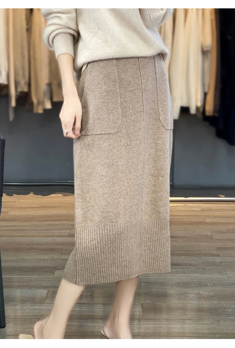Women's Knitted Cashmere Skirt Double Pocket 100% Pure Wool Commuter Joker Straight Skirt for Autumn Winter New