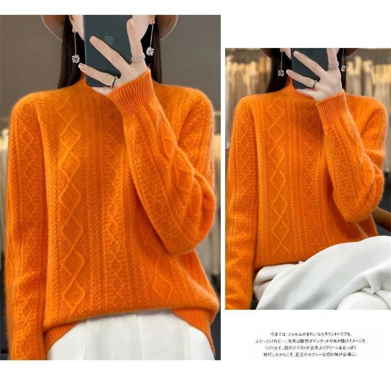2024 New Women Autumn Winter Sweater Thick 100% Merino Wool Turtleneck Casual Cashmere Knitwaer Pullover Korean Fashion Tops