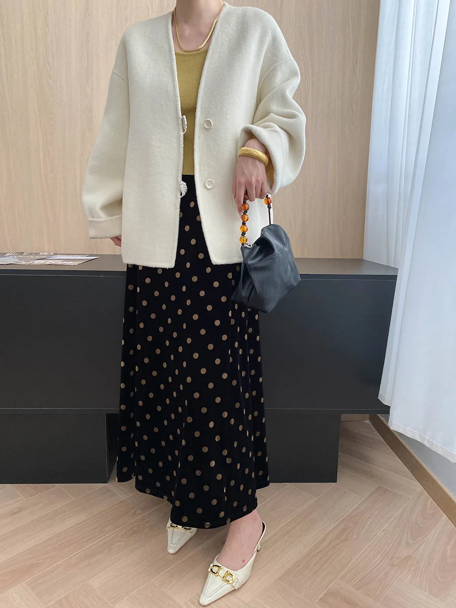 Winter women's casual solid color V-neck double-sided woolen coat jacket