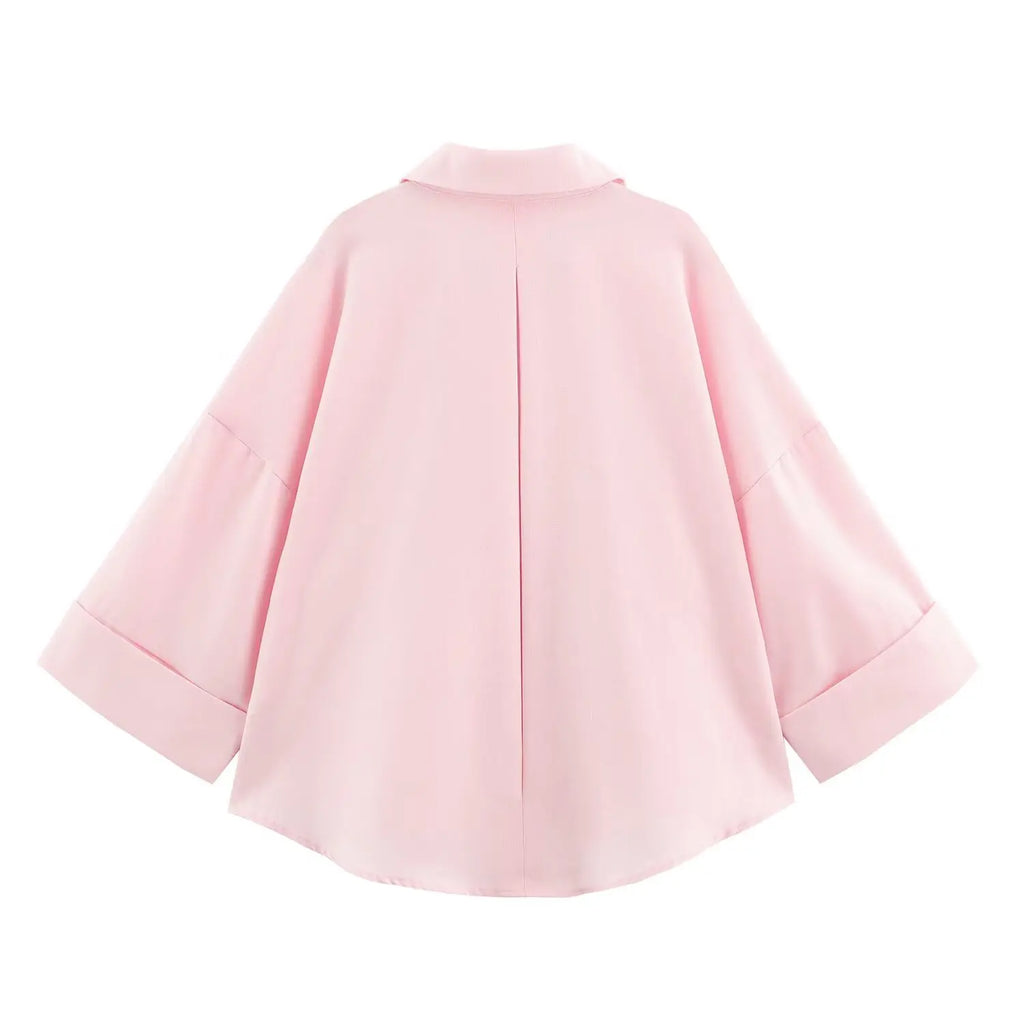 Women Fall Casual Loose Shirt Lapel Buttons Wide Sleeve Shirt 2025 New Spring Autumn Minimalist Holiday Versatile Shirt
